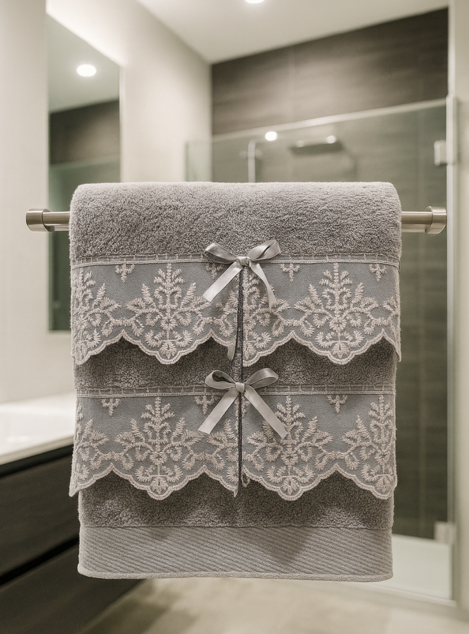 Σετ Πετσέτες 2 Τεμαχίων Cosmin Lace Grey