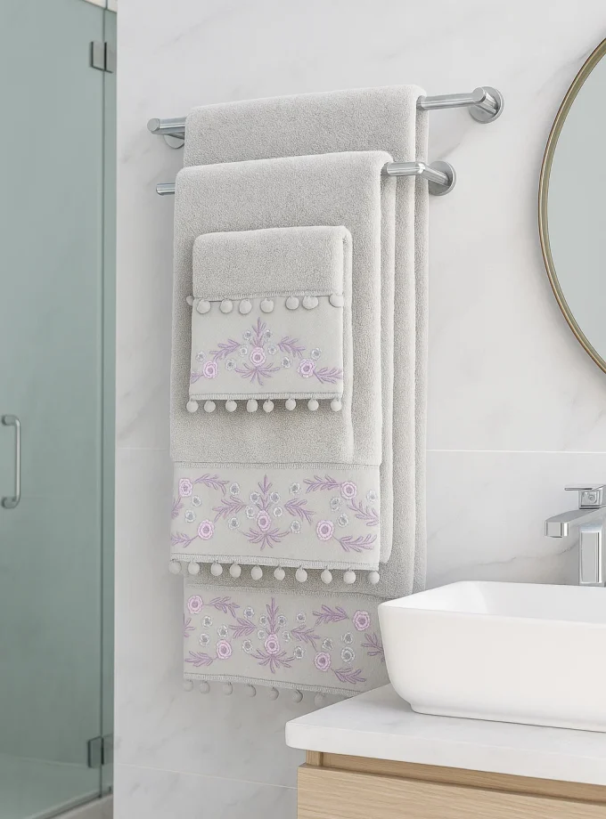 Σετ Πετσέτες 3 Τεμαχιων Cosmin Design Grey+pom pom