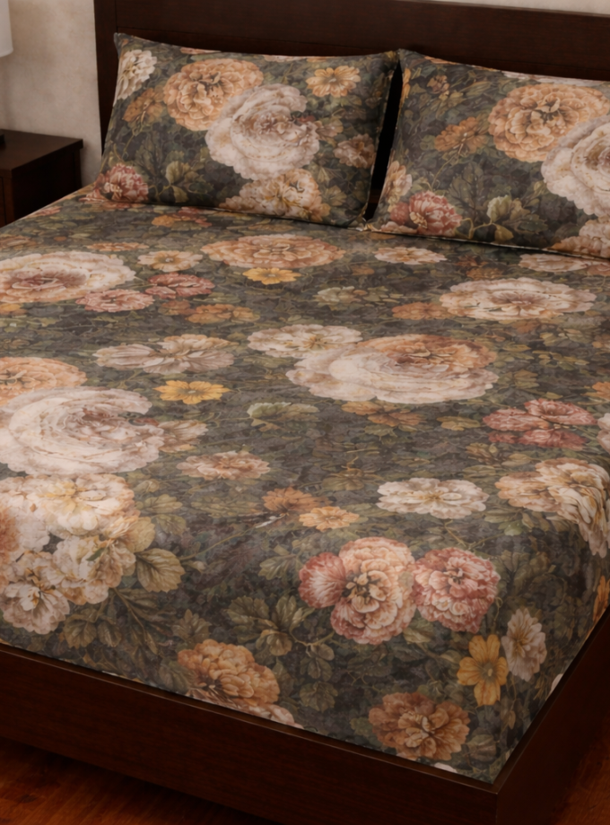 Σετ Σεντόνια με Λάστιχο 160x200+30 Cosmin Royal Flowers Black