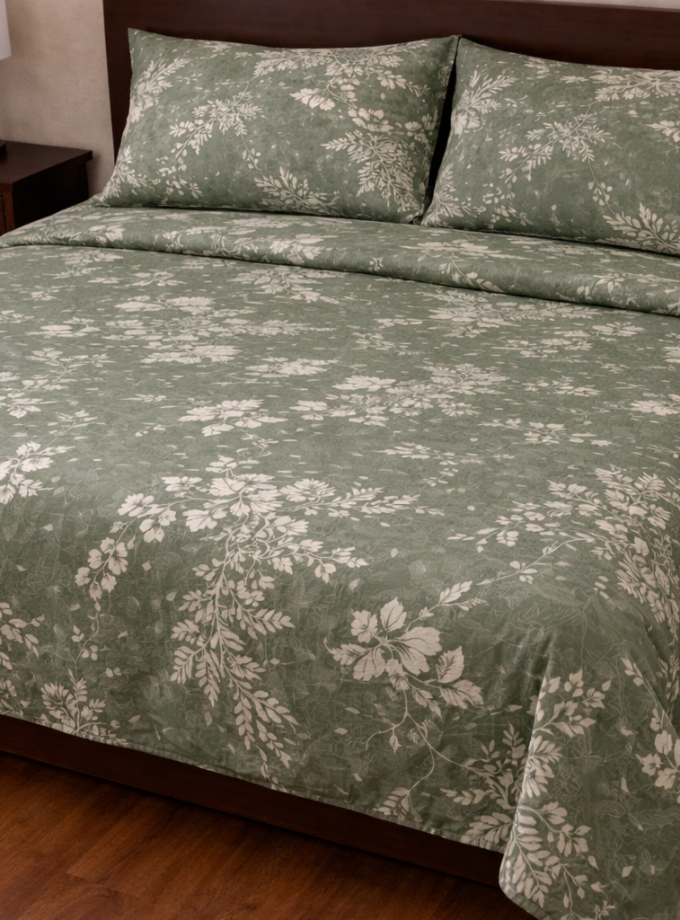 Σετ Παπλωματοθήκη Υπέρδιπλη 220x240 Cosmin Eldi Flannel Flowers Green